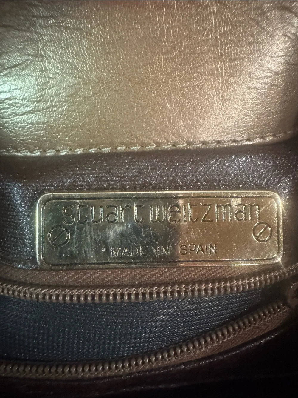 VTG Stuart Weitzman Metallic Bronze Hinge Open Clutch with Zipper Rosette